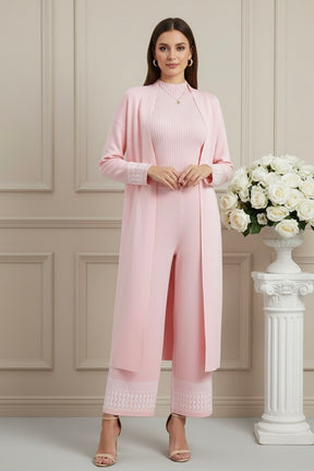 Conjunto Feminino 3 Peças de Tricô – Colete, Cardigan Longo e Calça Pantalona