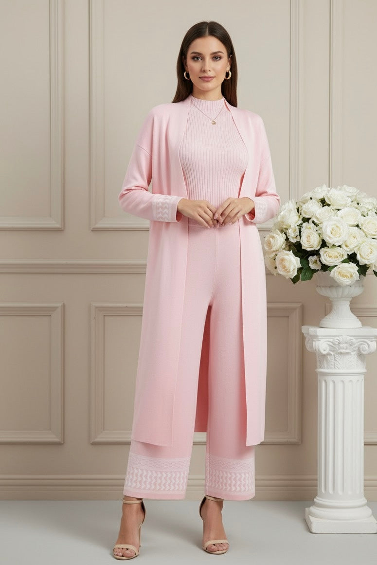 Conjunto Feminino 3 Peças de Tricô – Colete, Cardigan Longo e Calça Pantalona