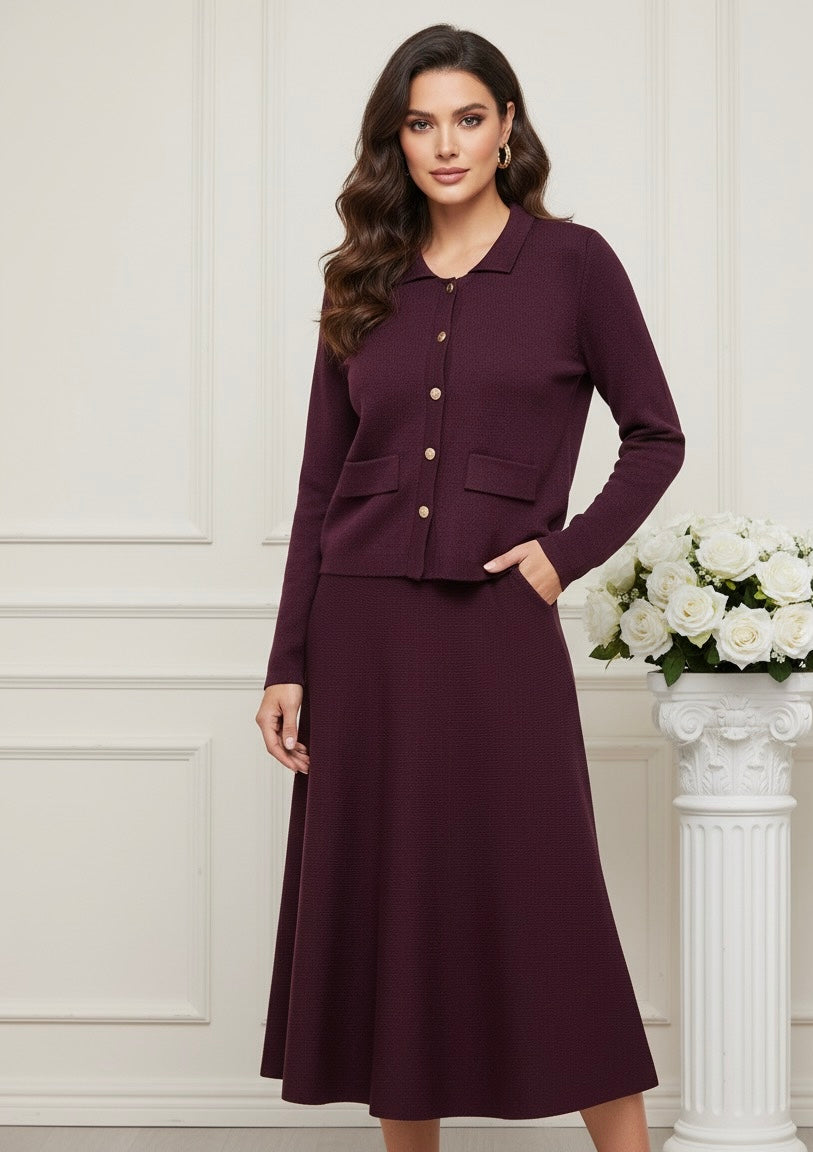 Conjunto Feminino Minimalista em Tricô – Jaqueta + Saia | Look Elegante