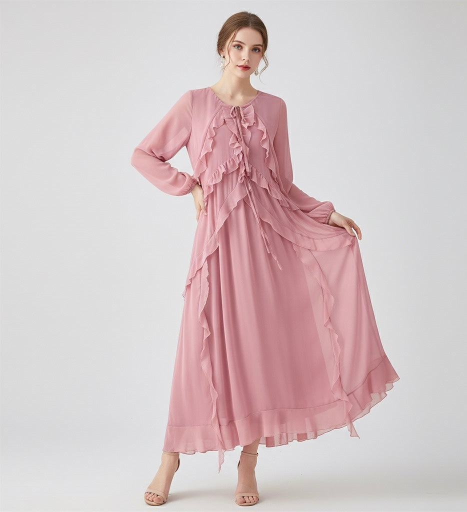 Vestido Feminino de Chiffon com Babados em Camadas