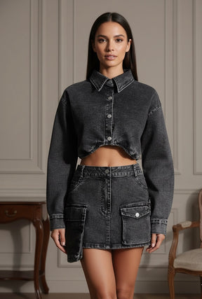 Conjunto Jeans top e saia cargo  - Novidade