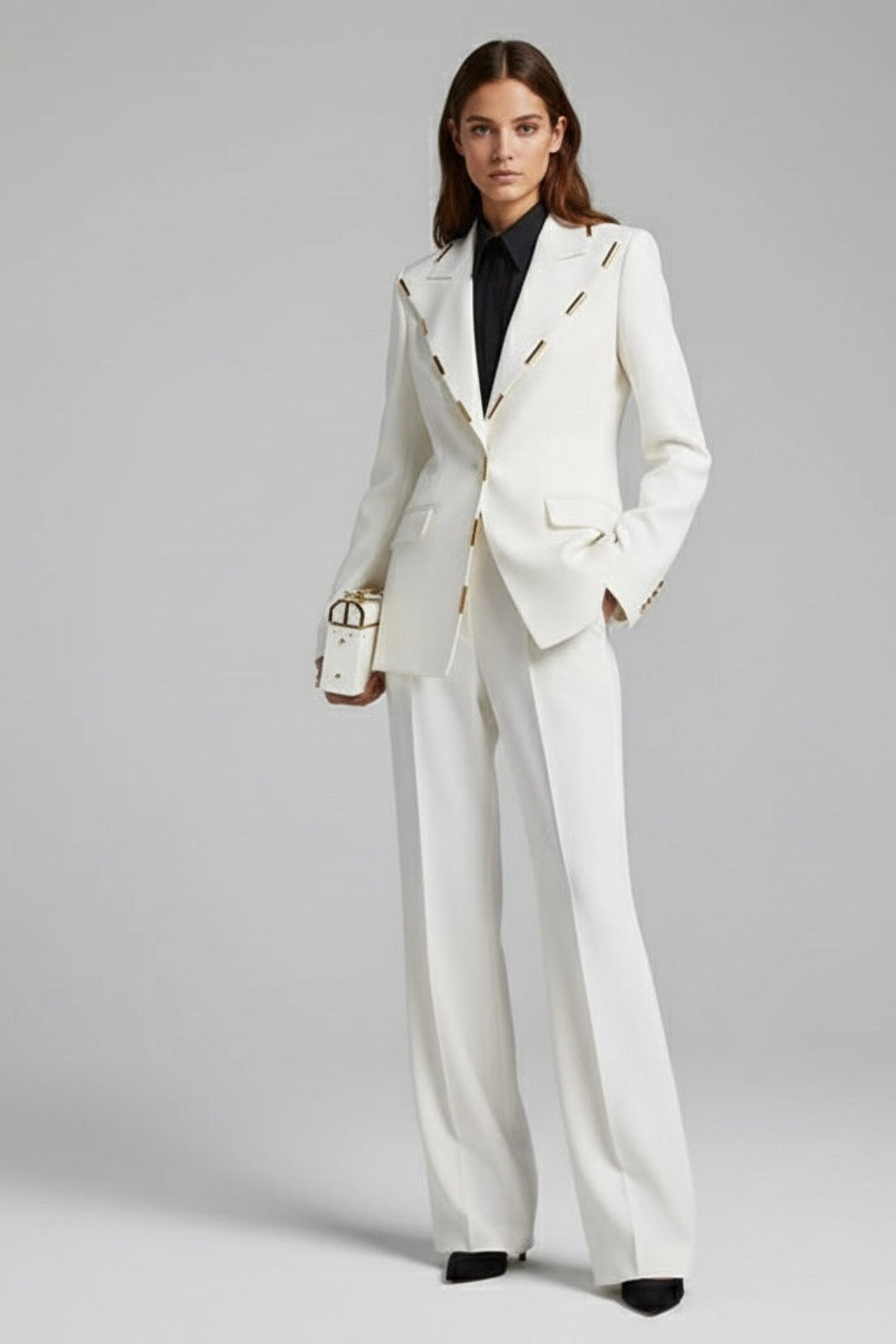 Blazer de Botão Único e Calça Flare Detalhe em Dourado- Estilo Passarela