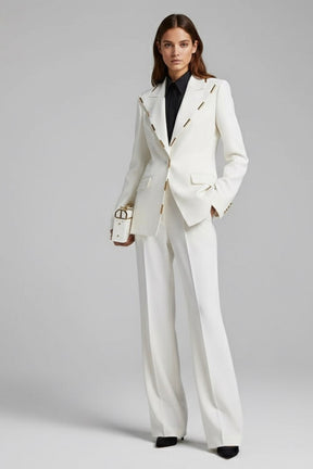 Blazer de Botão Único e Calça Flare Detalhe em Dourado- Estilo Passarela