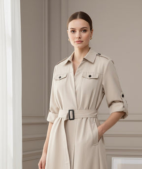 Vestido Chemise Feminino Estilo  – Manga Longa, Gola Slim