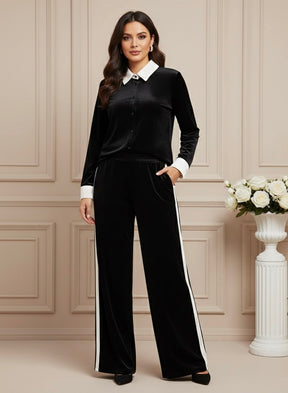 Conjunto em Veludo com Camisa de Manga Longa e Calça – Design Elegante com Detalhes Laterais