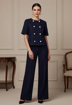 Conjunto Feminino – Blazer Curto com Botões Decorativos e Calça Reta Casual |