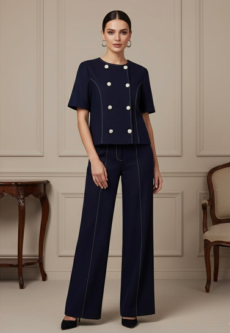 Conjunto Feminino – Blazer Curto com Botões Decorativos e Calça Reta Casual |