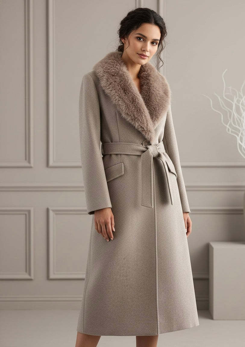 Sobretudo Feminino com Cinto e Gola de Pelo – Outono/Inverno