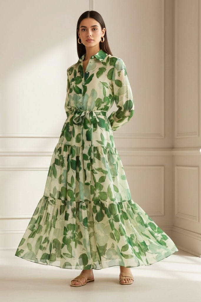 Vestido Longo CHCH – Leve com Estampa Elegante e Cintura Marcada