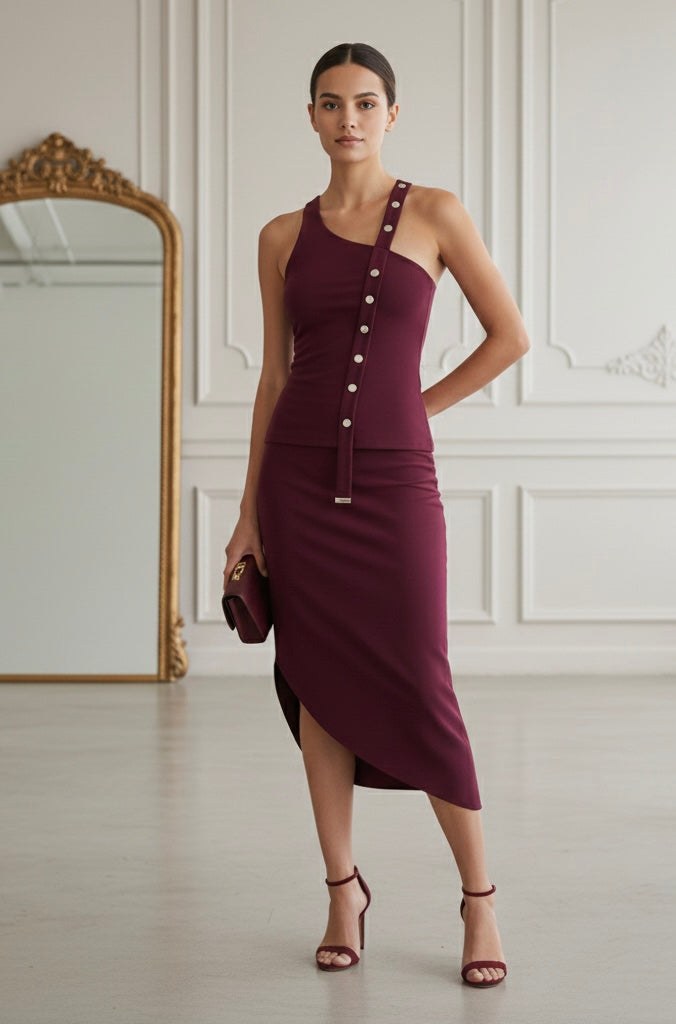 Conjunto Assimétrico Retrô Chic com Top de Amarração e Saia Midi com Fenda – Elegância de Verão em Silhueta Esculpida