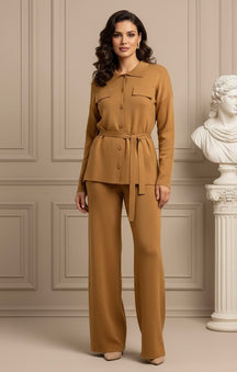 Conjunto 2 Peças Feminino – Cardigan de Tricô e Calça de Cintura Alta