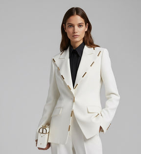 Blazer de Botão Único e Calça Flare Detalhe em Dourado- Estilo Passarela