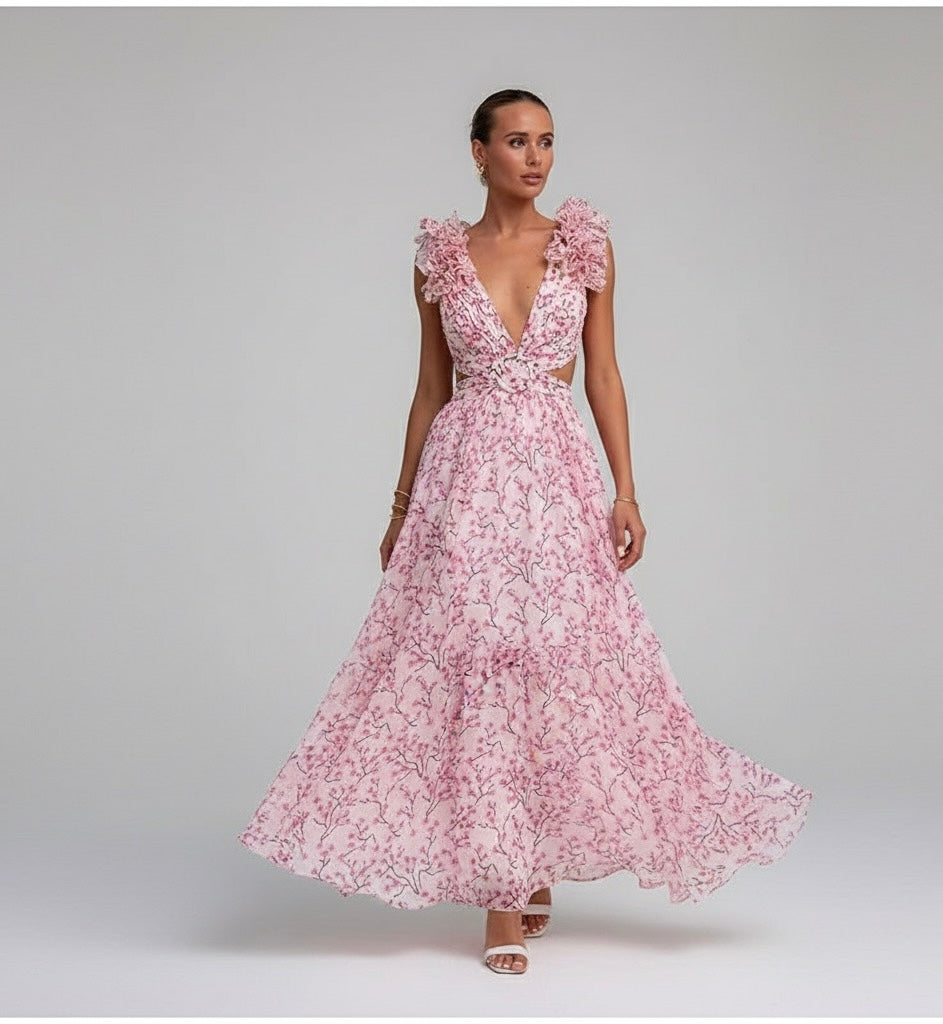 Vestido Longo Feminino Estampado com Babados