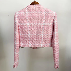 Blazer Curto de Tweed Rosa: Elegância em Tons Pastéis e Acabamento de Luxo
