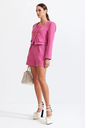 Conjunto Elegante em Tweed – Blazer e Shorts de Cintura Alta