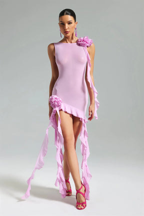 Vestido Mini de Tule com Flores Aplicadas e Babados Românticos