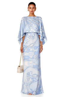 Conjunto Vestido Justo com Capa Fluida Estampada