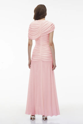 Vestido Longo em Malha Drapeada com Contraste