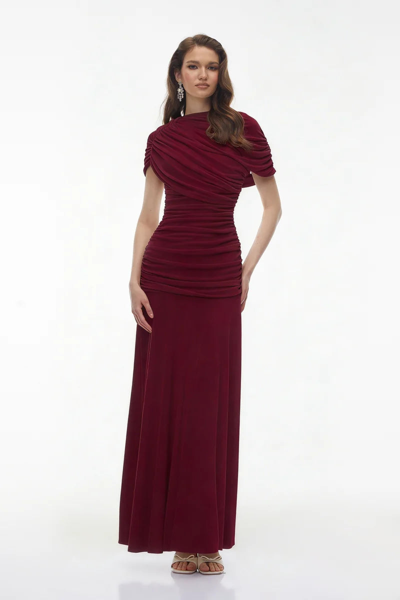 Vestido Longo em Malha Drapeada com Contraste
