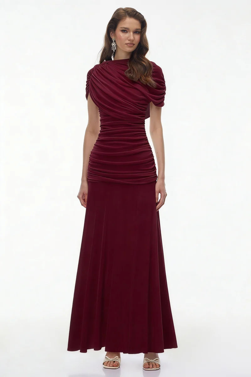 Vestido Longo em Malha Drapeada com Contraste