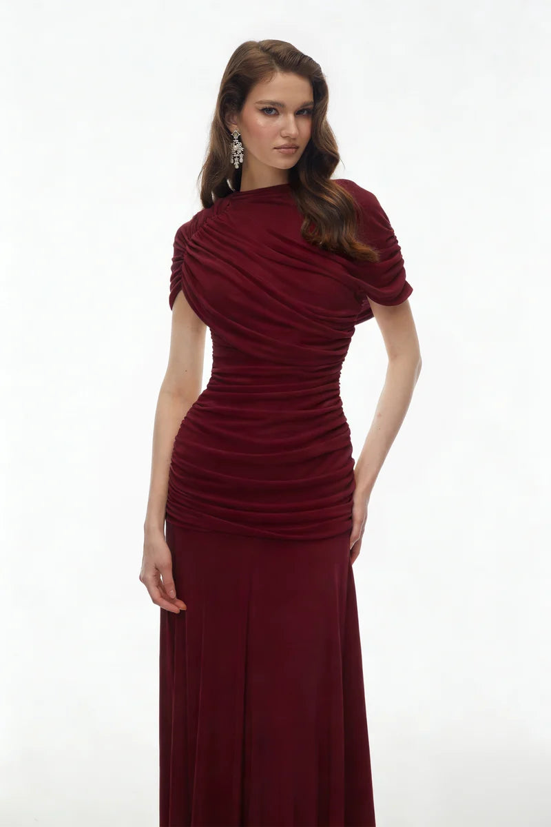 Vestido Longo em Malha Drapeada com Contraste
