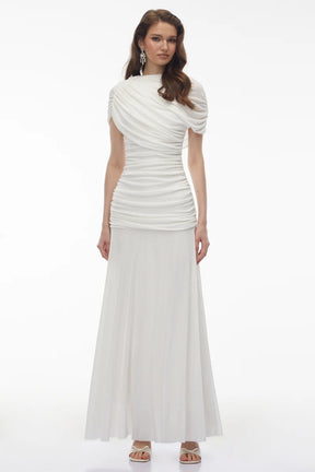 Vestido Longo em Malha Drapeada com Contraste