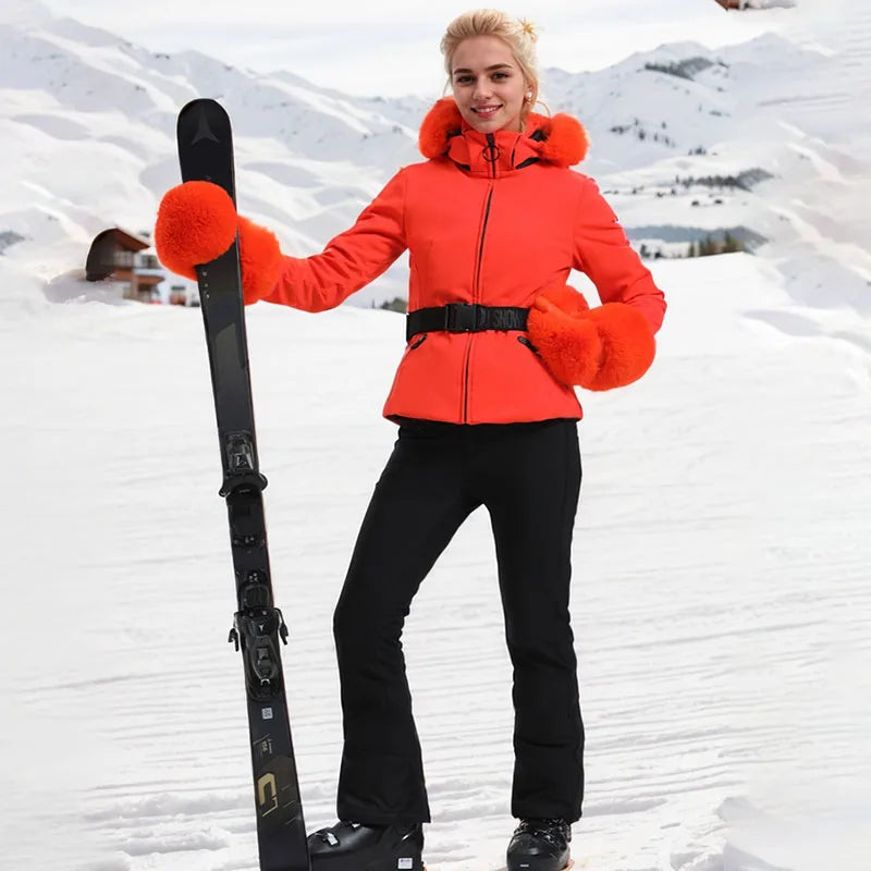 Jaqueta Feminina de Ski impermeável com Pelo no Punho e Capuz – Impermeável, Térmica e Respirável para Frio Extremo