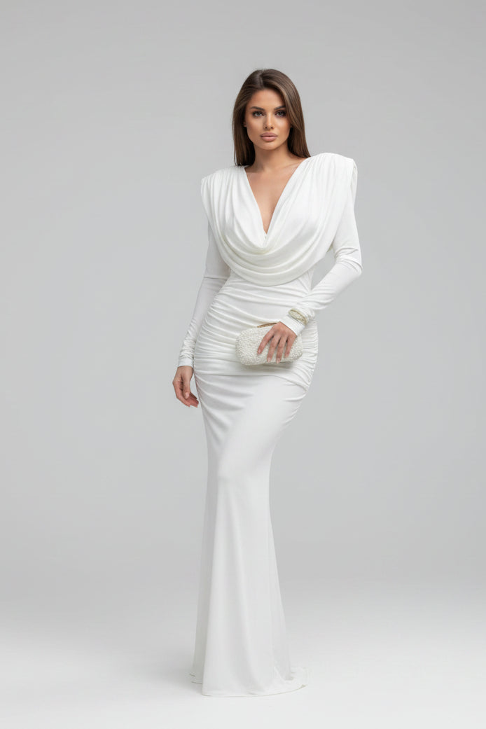 Vestido Longo Marrom com Gola Drapeada e Manga Longa