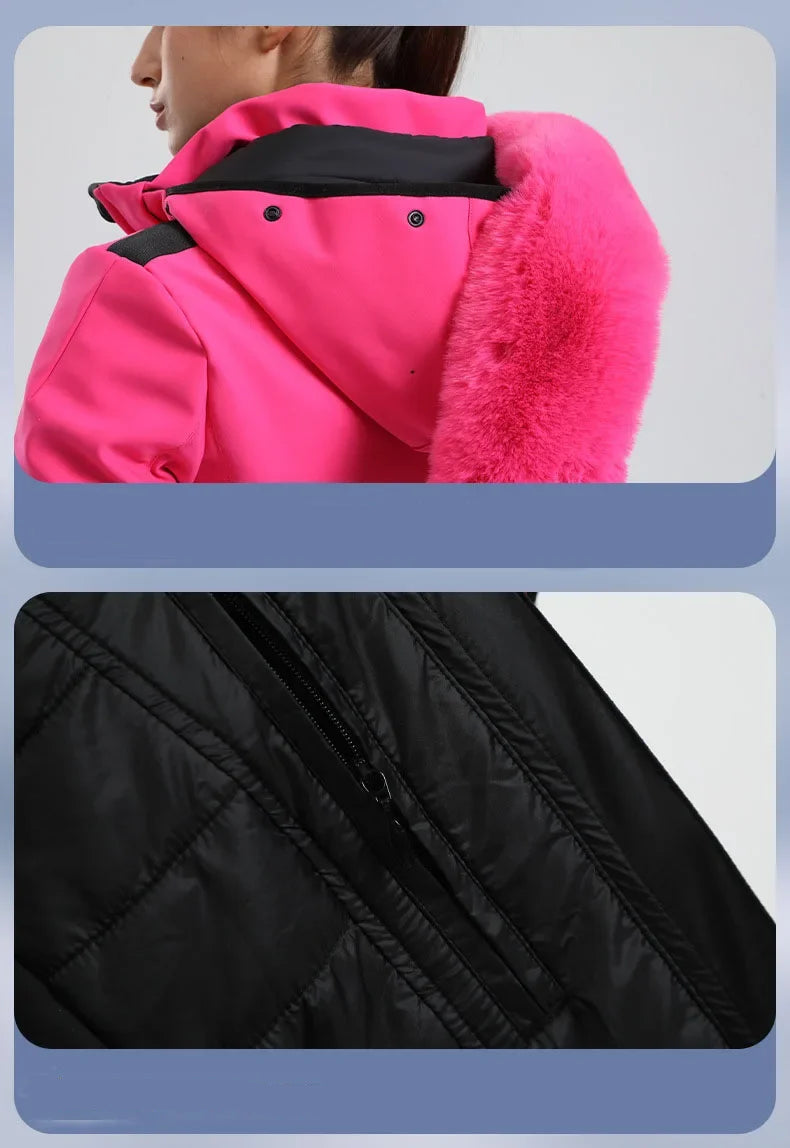 Jaqueta Feminina de Ski impermeável com Pelo no Punho e Capuz – Impermeável, Térmica e Respirável para Frio Extremo