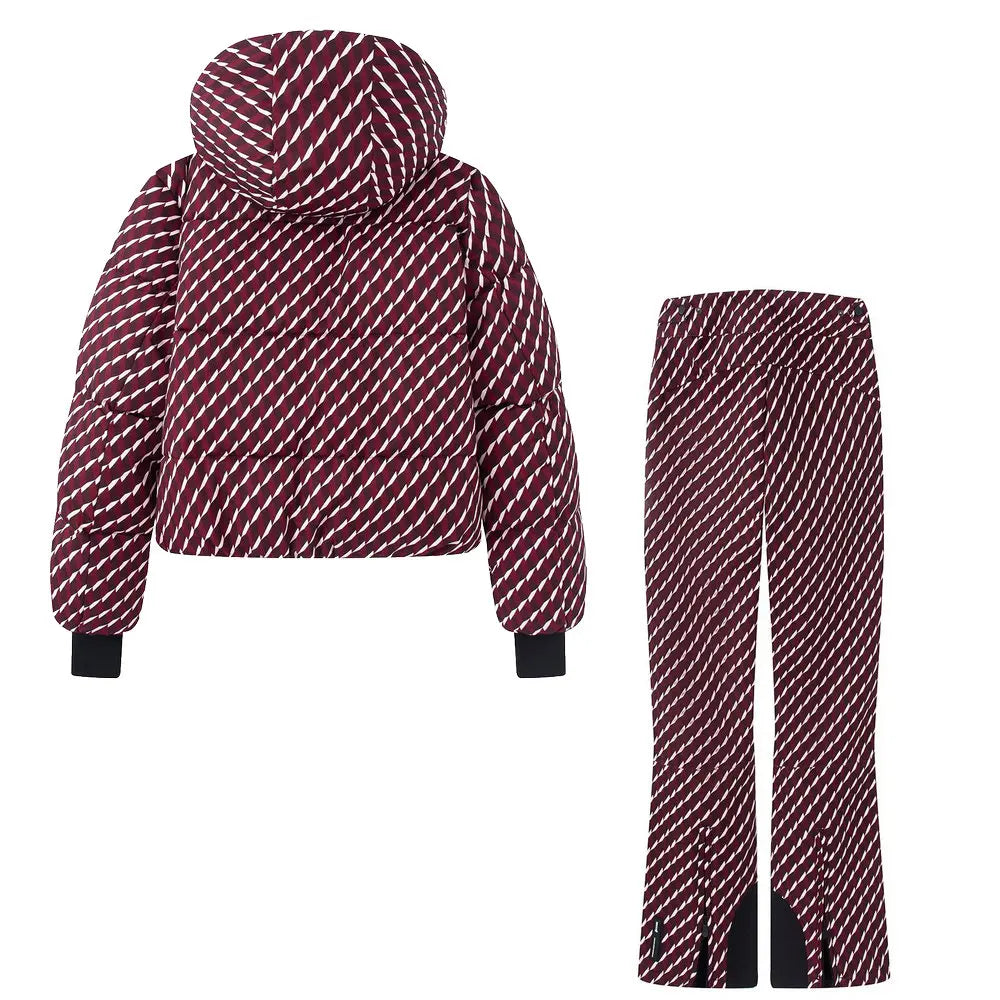 Conjunto Feminino de Inverno para Ski – Parka Acolchoada com Capuz e Calça Impermeável Corta-Vento
