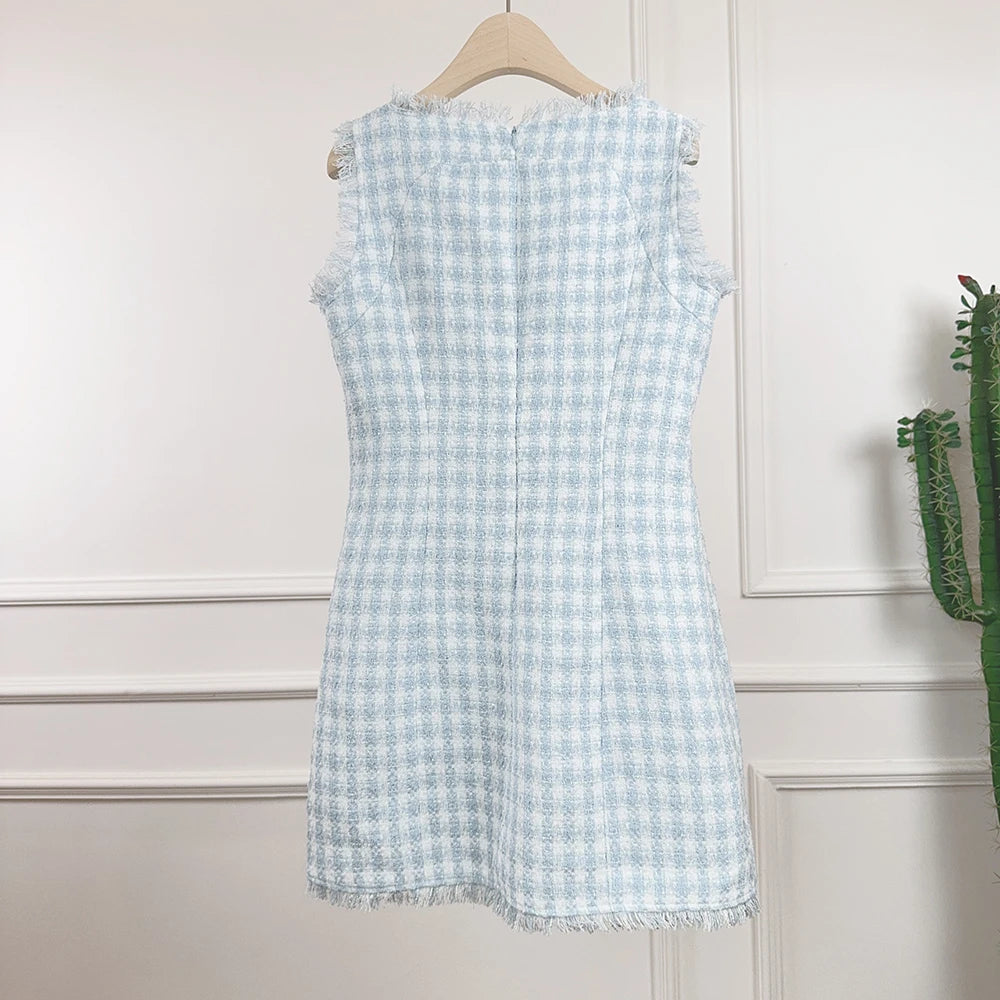 Vestido Tweed Blue Royale com Botões de Cristal Bordados à Mão