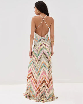 Vestido Longo de Crochê Decote V com Amarração — Elegante, Fresco para o Verão