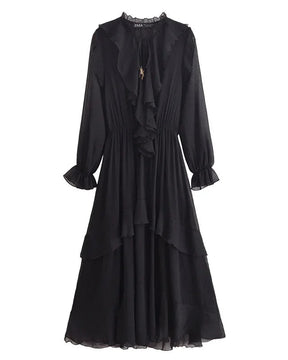 Vestido Elegante com Decote V – Babados, Manga Longa Lanterna e Detalhe em Renda com Laço