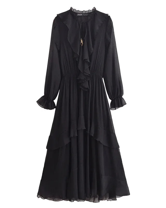 Vestido Elegante com Decote V – Babados, Manga Longa Lanterna e Detalhe em Renda com Laço