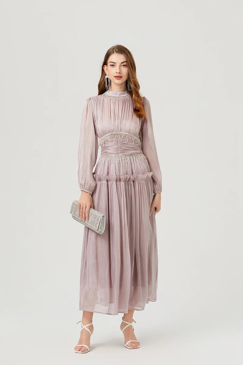 Vestido de Verão SEDA – Luxo Francês, Franjas, Pregas e cristais