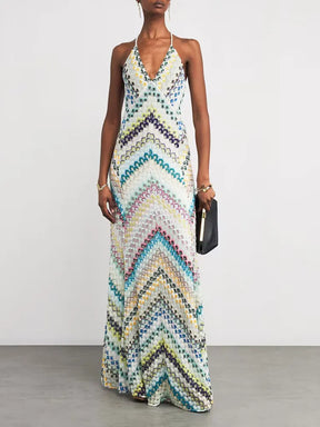 Vestido Longo de Crochê Decote V com Amarração — Elegante, Fresco para o Verão