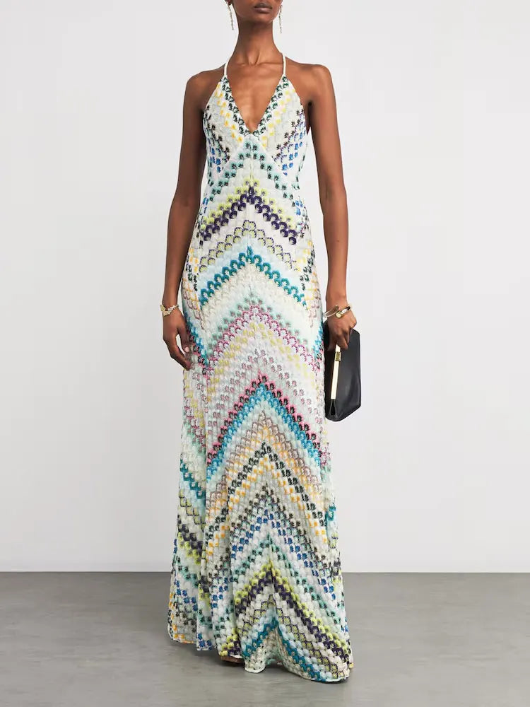 Vestido Longo de Crochê Decote V com Amarração — Elegante, Fresco para o Verão