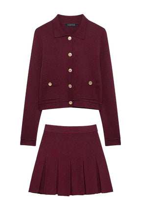 Conjunto Luxo Vermelho em Malha de Alta Densidade – Cardigã e Saia