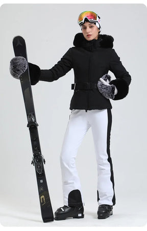 Jaqueta Feminina de Ski impermeável com Pelo no Punho e Capuz – Impermeável, Térmica e Respirável para Frio Extremo