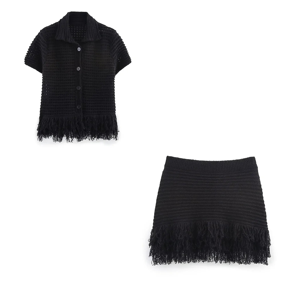 Conjunto em Tricô Vazado – Saia Mini + Camisa