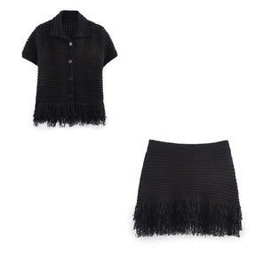 Conjunto em Tricô Vazado – Saia Mini + Camisa