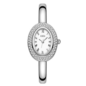Relógio Feminino Bracelete – Estilo Luxo, Quartzo, Mostrador Oval Dourado/Prateado com Detalhes em Diamante, Fashion e Elegante