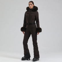 Macacão de Esqui Feminino GSOU SNOW – One Piece Slim, Impermeável, À Prova de Vento, Forrado e com Capuz de Pele