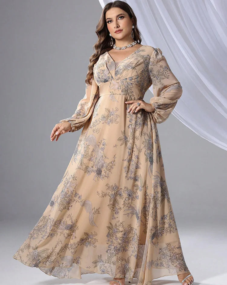 Vestido Plus Size Longo Floral em Tule e Renda – Manga Bufante e Caimento Impecável