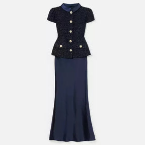 Vestido Longo – Maxi Luxo, Cristal e Cetim Tweed, Azul