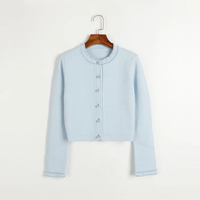 Cardigan em Tricô com Aplicações de Pérolas – Azul Serenity