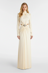 Vestido Longo Detalhes Vazados com Aplicação de Pedrarias e Brilhantes