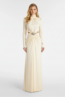 Vestido Longo Detalhes Vazados com Aplicação de Pedrarias e Brilhantes