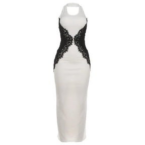 Vestido Elegante Halter com Renda Aplicada e Caimento Nobre