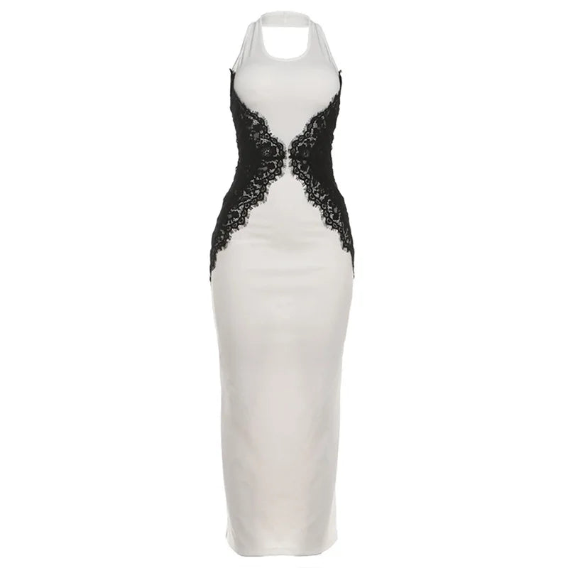 Vestido Elegante Halter com Renda Aplicada e Caimento Nobre